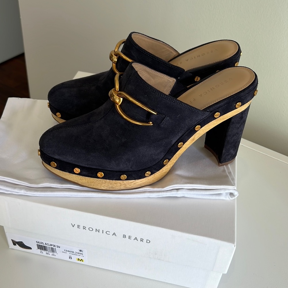 VERONICA BEARD Giles blue suede clogs.